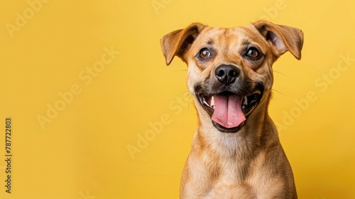 Studio headshot portrait of fawn colored mixed breed dog looking forward and smiling with tongue out against yellow background photo