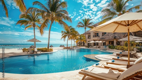 Stunning beachfront resort with pool, sunbeds, and palm trees on a warm, sunny day