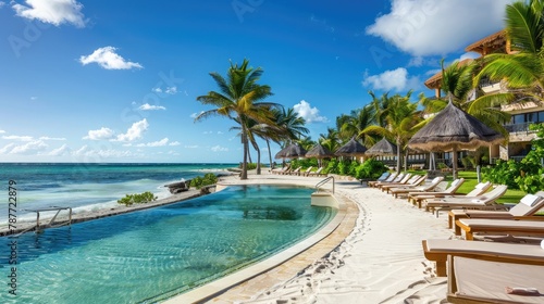 Stunning beachfront resort with pool, sunbeds, and palm trees on a warm, sunny day
