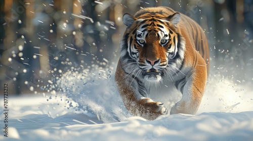 Tiger in wild winter nature, running in the snow. Action wildlife scene with dangerous animal
