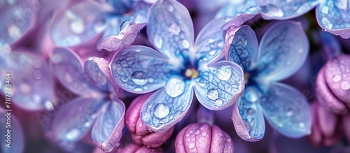 Close-up view of blue lilac flowers with water droplets