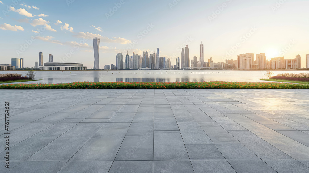 Sunset cityscape view from urban waterfront promenade