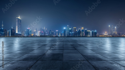 Futuristic cityscape at night with illuminated skyscrapers