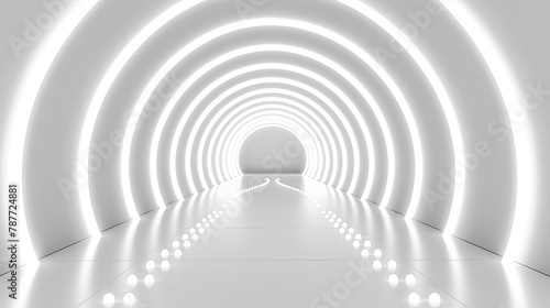 Abstract white background with glowing neon light tunnel, modern futuristic wallpaper for product presentation in the style of high tech. Background for advertising banner and mockup design