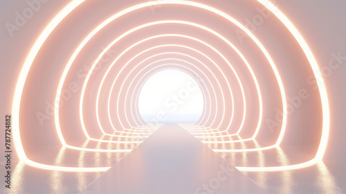 Abstract white background with glowing neon light tunnel, modern futuristic wallpaper for product presentation in the style of high tech. Background for advertising banner and mockup design