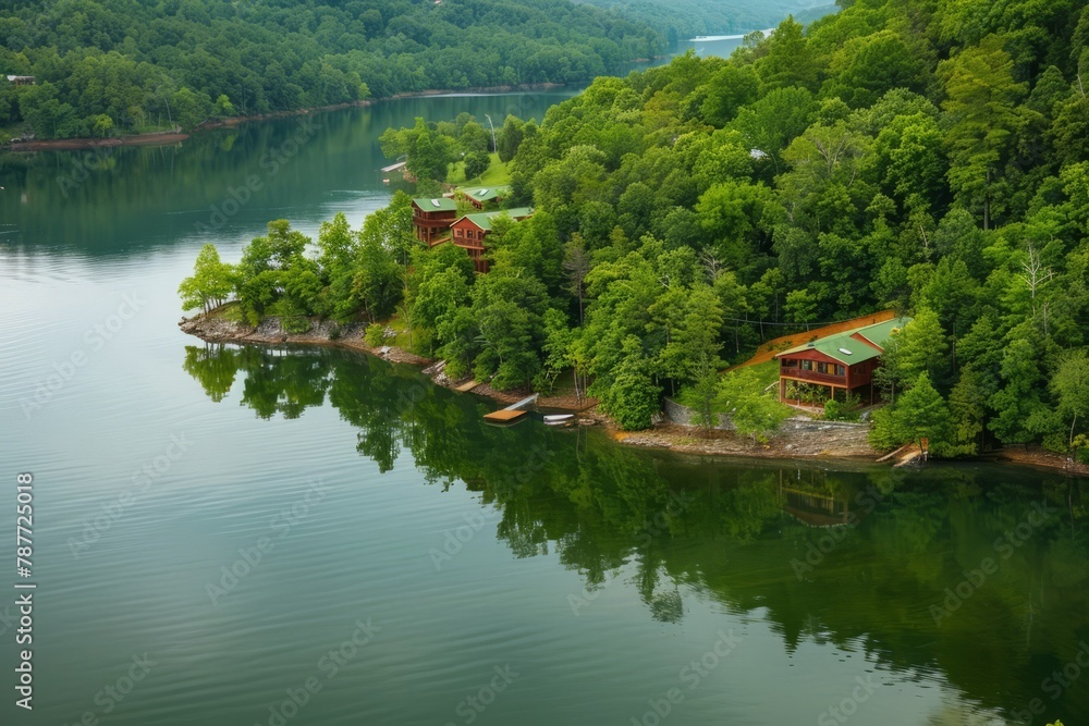 A panoramic aerial vista of a serene lakeside retreat, with tranquil waters, verdant forests, and cozy cabins nestled along the shoreline, Generative AI A panoramic aerial vista of a serene lakeside retreat, with tranquil waters, verdant forests, and cozy cabins nestled along the shoreline, Generative AI