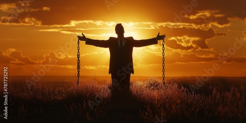 Silhouette of a man with open arms breaking chains during sunset, symbolizing freedom and liberation