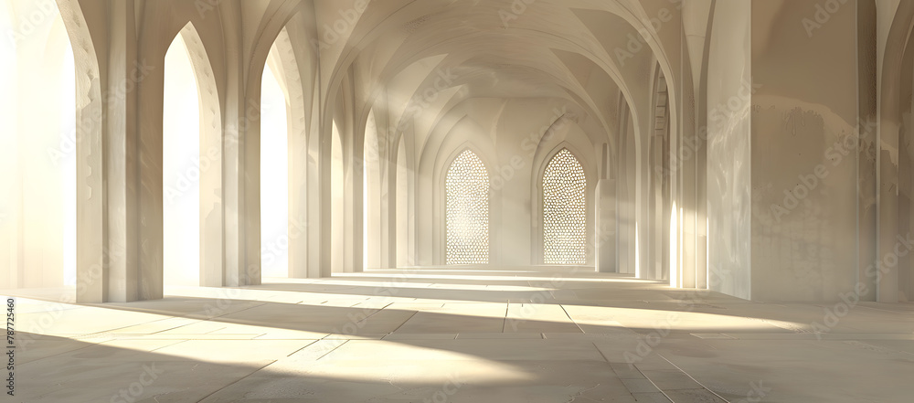Ornate Interior of a mosque with warm sunlight streams through the columns.