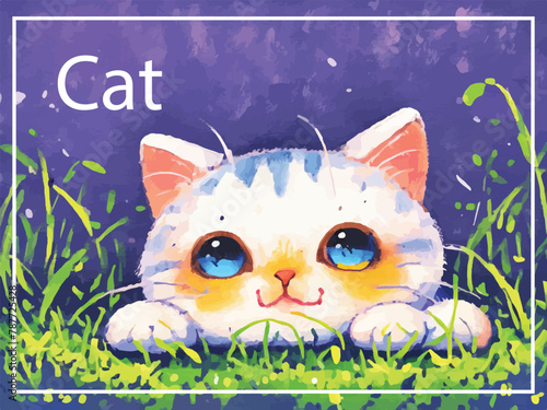 A colorful illustration of a cartoon cat with large blue eyes and orange striped fur peeking out from lush green grass, with the word 