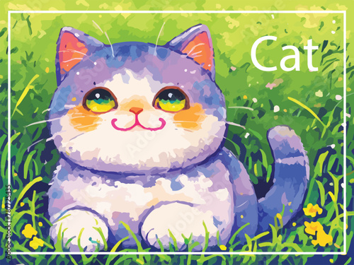A colorful illustration of a cartoon cat with large yellow eyes and orange striped fur peeking out from lush green grass, with the word 