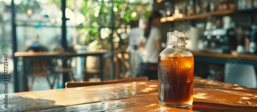 A clear glass bottle filled with refreshing iced tea placed on a wooden table in a well-lit restaurant