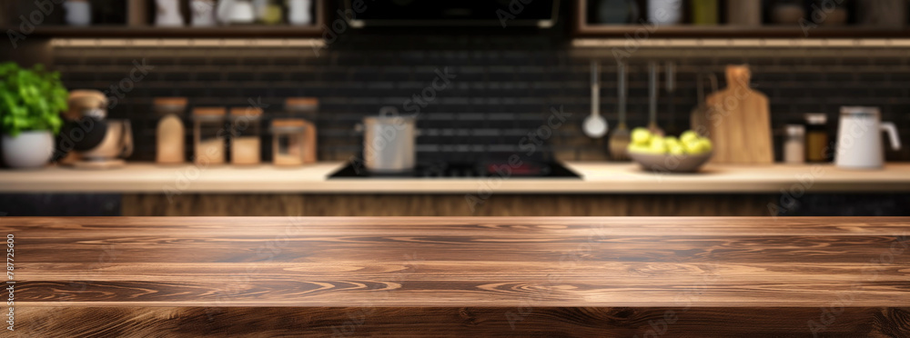 Empty wooden table or counter top with blurred kitchen background for product display presentation mockup, ecommerce and food concept