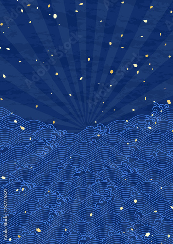 青い波と光　和風レトロなイラスト背景