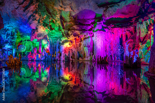 Underground lake in Silver Caves in Guilin, China.
