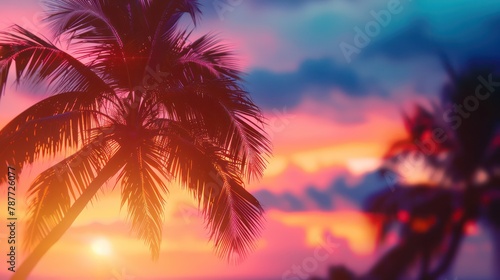 Tropical sunset with palm tree silhouettes © Matthew