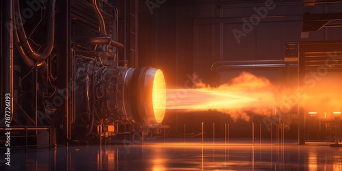 An impressive display of power as a rocket engine is tested, fiery blast and heat distortion visible