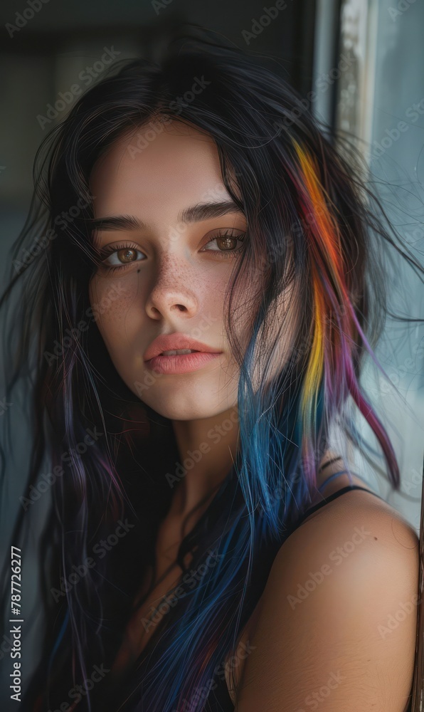 Fototapeta premium Woman with colorful hair by window