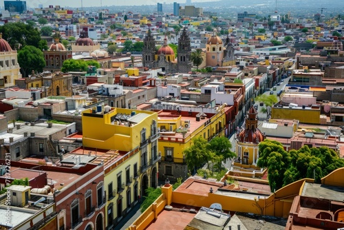 An aerial panorama of a vibrant urban landscape, with colorful rooftops, winding streets, and iconic landmarks dotting the horizon, Generative AI