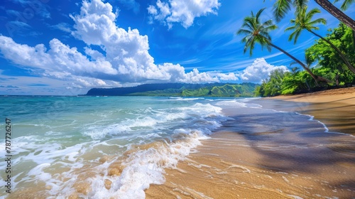 Beautiful sunny tropical beach scene with lush green palm trees, clear blue sky, and white sandy shore caressed by gentle waves