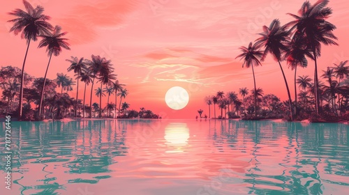 Tropical sunset over calm waters with palm trees