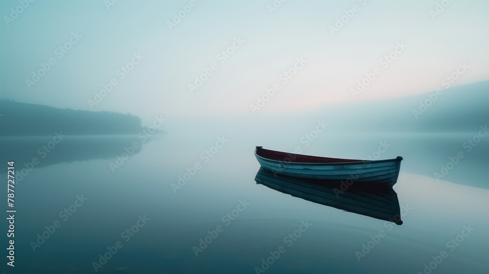 A calm lake hosts a small boat floating during the early morning.
A calm lake hosts a small boat floating during the early morning.