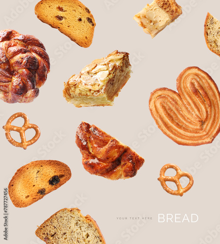 Creative layout made of sweet bread on the beige background. Food concept. Macro concept. (ID: 787727456)