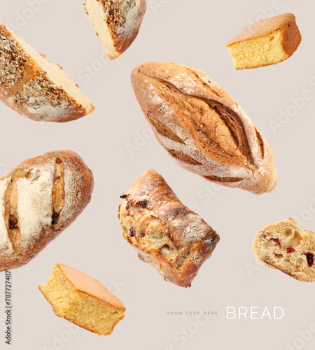 Creative layout made of bread on the beige background. Food concept. Macro concept. (ID: 787727487)
