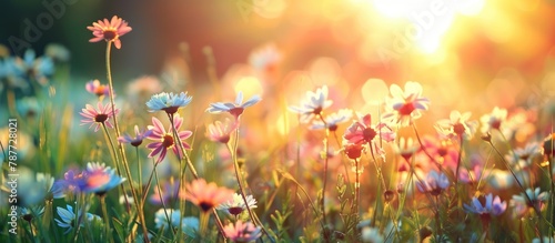 Sunlit spring field with blooming flowers © Vusal