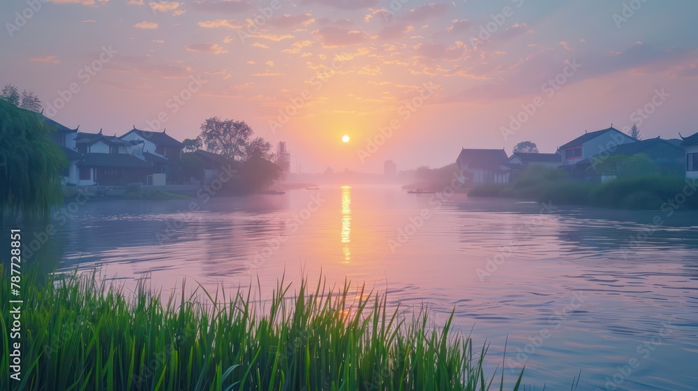A serene sunrise with soft hues reflecting over the water, illuminating the traditional riverside village shrouded in morning mist, evoking calmness
