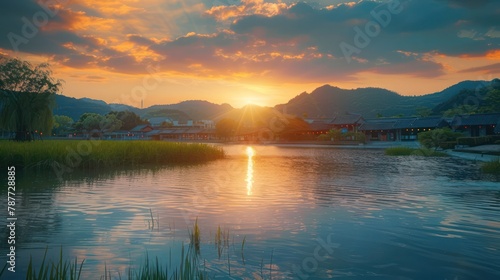 A peaceful and warm sunset casts its glow over a quiet lake, reflecting the sky and silhouetted village houses amidst rolling hills in the background, evoking tranquility