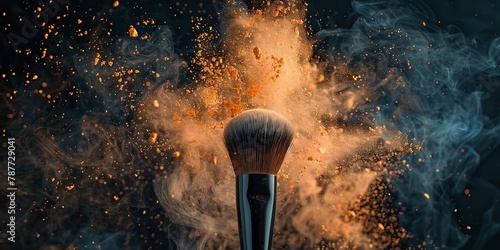 A close shot of peach powder explosion with makeup brush with a dark backdrop with a big space for text or make up product advertisement, Generative AI.