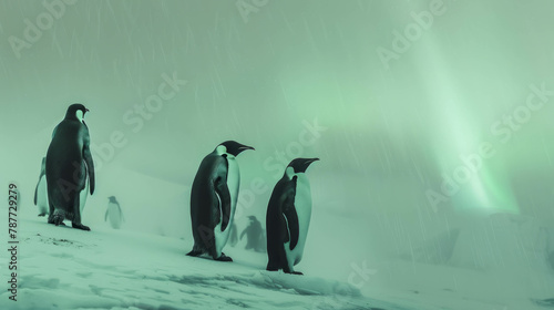 Download this minimal wallpaper showcasing the aurora borealis over Antarctica, with a penguin colony and foggy ambiance. AI generative. photo