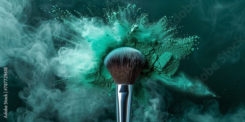 A close shot of green powder explosion with makeup brush with a dark backdrop with a big space for text or make up product advertisement, Generative AI. photo