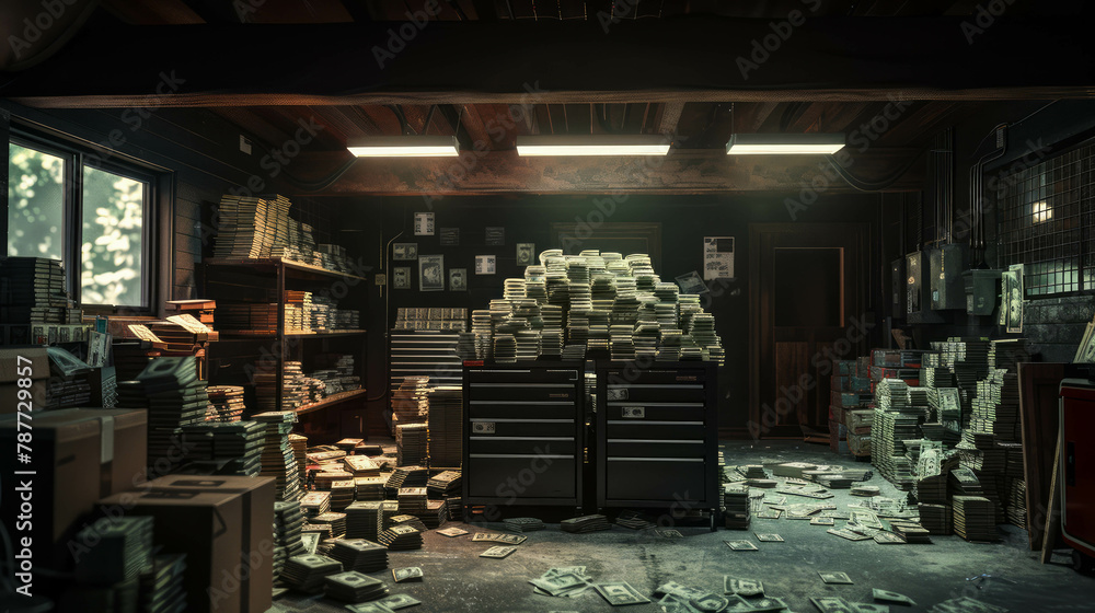 Enter a scene of opulence as piles of cash fill a modern garage, bathed in warm light against a black backdrop. AI generative.