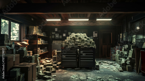 Enter a scene of opulence as piles of cash fill a modern garage, bathed in warm light against a black backdrop. AI generative.
