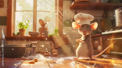 A miniature chef, a mouse in a hat, stands in a kitchen