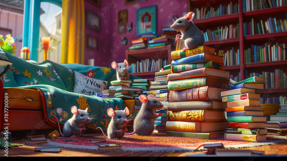 Curious mice study atop a mountain of colorful books