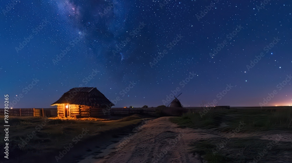 Starry night sky over a tranquil a traditional countryside