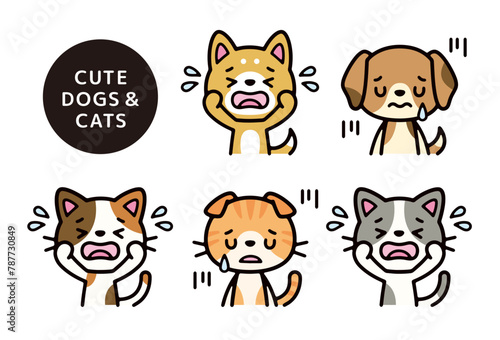Clip art set of upper body of crying dog and cat