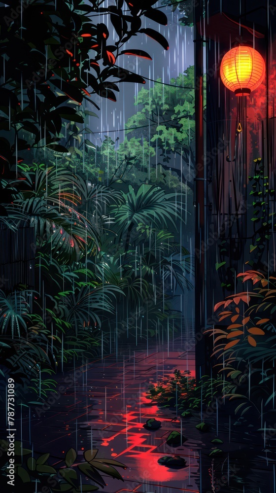 A serene yet mysterious depiction captures a rainy night scene in an alleyway, enhanced by the ambient glow of a red lantern reflected in puddles on the ground