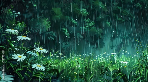 2d cartoon background featuring lush green forest under heavy rain with glistening raindrops and blooming white flowers, invoking a sense of magic and serenity