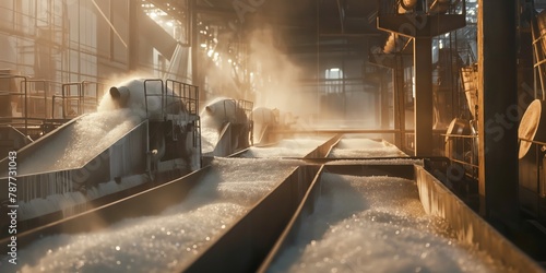 An industrial sugar factory with sugar pouring down conveyors, showcasing production and manufacturing photo