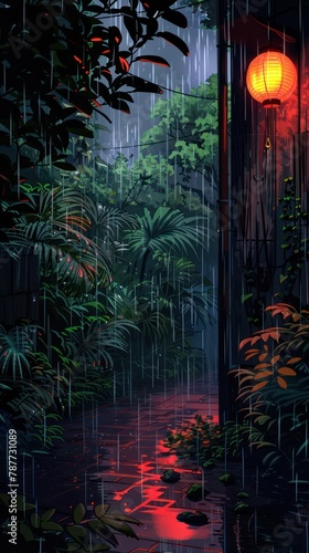 A serene yet mysterious depiction captures a rainy night scene in an alleyway  enhanced by the ambient glow of a red lantern reflected in puddles on the ground