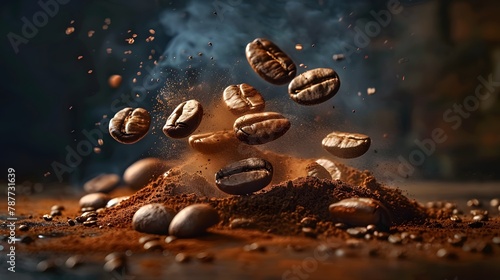 Coffee beans falling on the ground, with a dark background and flying particles, macro hyper-realistic coffee beans displayed