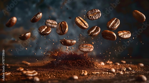 Coffee beans falling on the ground  with a dark background and flying particles  macro hyper-realistic coffee beans displayed