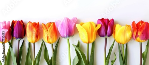 Group of pretty spring flowers - vibrant tulips on a white backdrop #787732083
