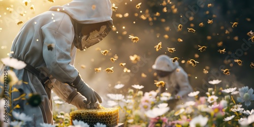 In warm golden light, a beekeeper in protective gear tends to beehives amongst blooming flowers, with bees flying around