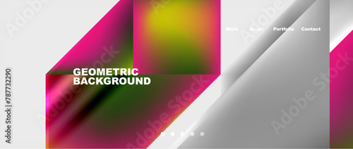 A vibrant geometric background featuring colorful triangles in shades of violet, magenta, and other tints. The pattern is set on a white rectangle, creating a dynamic and eyecatching design