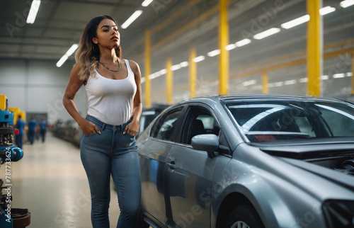 young adult woman works in the auto industry in production or assembly, job and occupation, a metal colored car, or workshop or assembly line work production chain © wetzkaz