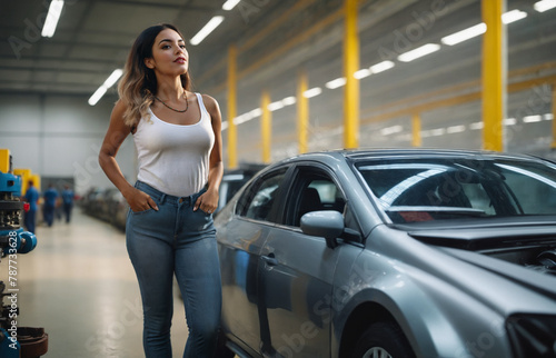 young adult woman works in the auto industry in production or assembly, job and occupation, a metal colored car, or workshop or assembly line work production chain